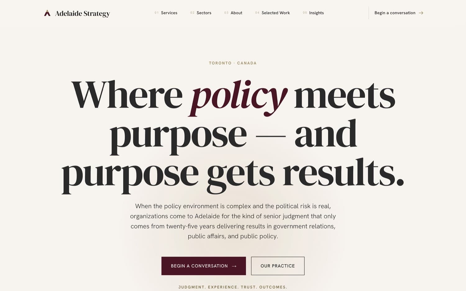 Adelaide Strategy homepage, an editorial layout with a large serif headline reading 'Where policy meets purpose'