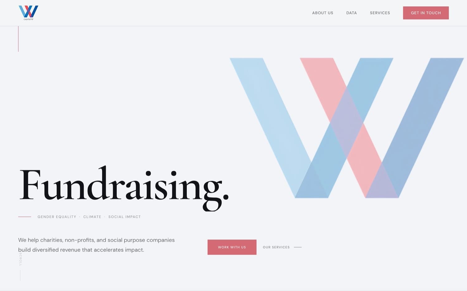 capitalW Consulting fundraising page showing a large layered W mark in blue and red