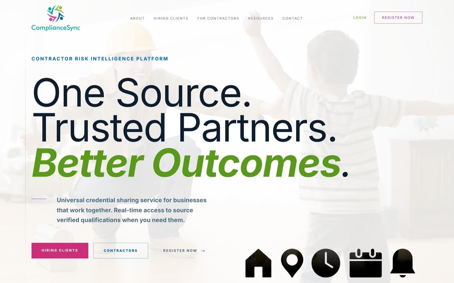 ComplianceSync platform homepage with the headline 'One Source. Trusted Partners. Better Outcomes.'