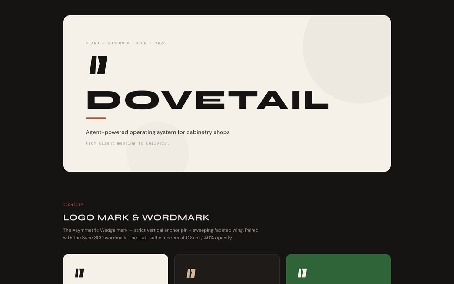 Dovetail brand book page showing the wordmark in white on a dark background alongside logo variants