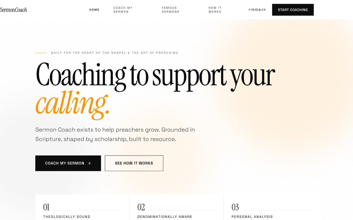 Sermon Coach landing page with the headline 'Coaching to support your calling'